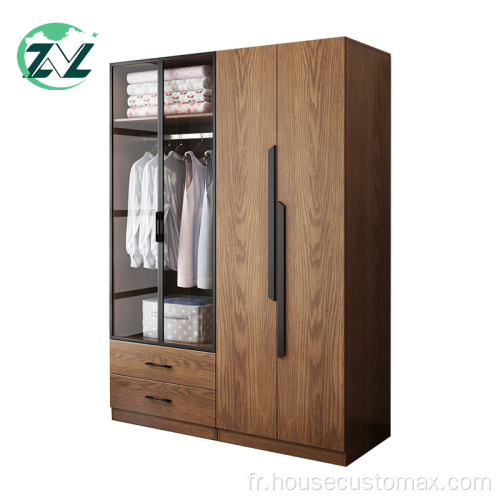 Armoire à vêtements en bois à 2 portes en verre